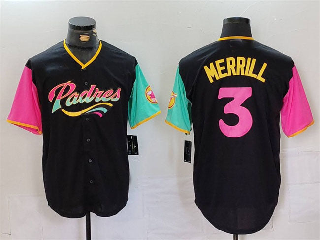 San Diego Padres #3 Jackson Merrill Black City Connect Cool Base Stitched Baseball Jersey baseball jersey product view 1