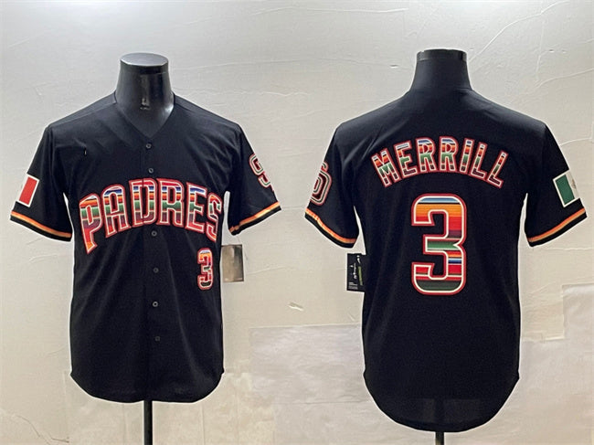 San Diego Padres #3 Jackson Merrill Black Mexico Cool Base Stitched Baseball Jersey baseball jersey product view 1