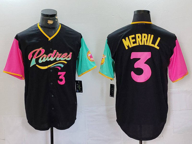 San Diego Padres #3 Jackson Merrill Black Player Number Fashion Baseball Jersey baseball jersey product view 1