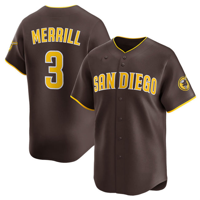 San Diego Padres #3 Jackson Merrill Brown 2024 Away Limited Stitched Baseball Jersey baseball jersey product view 1