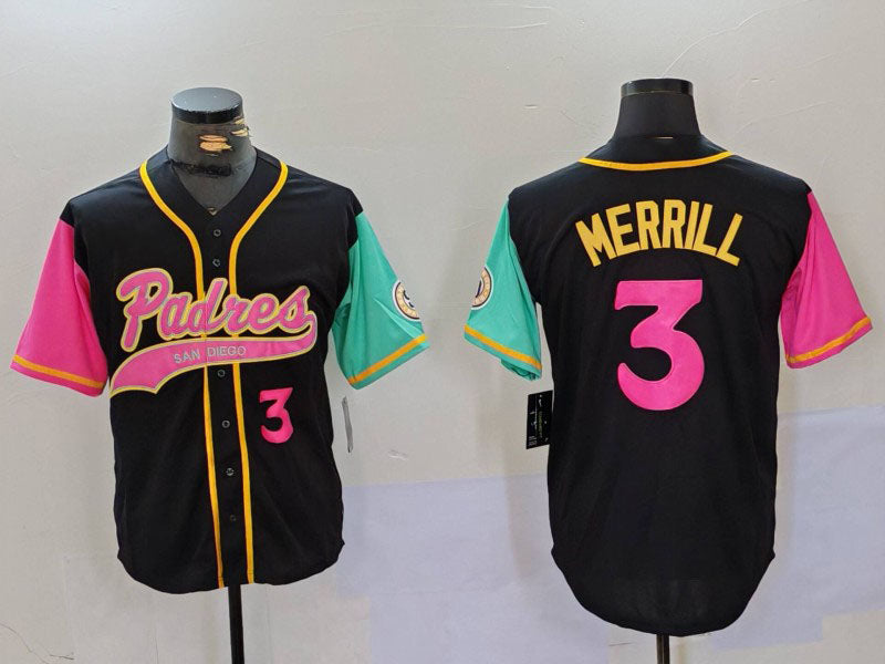 San Diego Padres #3 Jackson Merrill Number Black NEW 2023 City Connect Cool Base Stitched Baseball Jersey baseball jersey product view 1