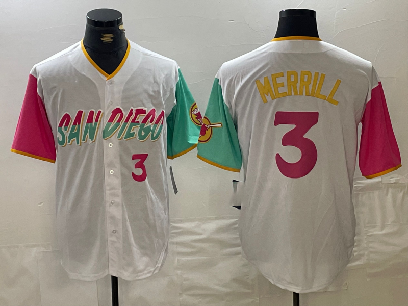 San Diego Padres #3 Jackson Merrill Number White 2023 City Connect Cool Base Stitched Baseball Jersey baseball jersey product view 1