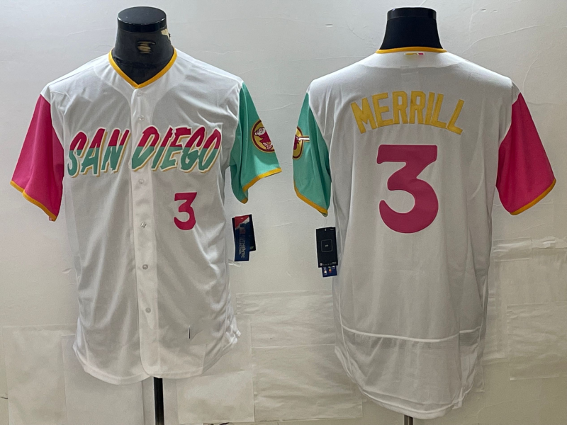 San Diego Padres #3 Jackson Merrill Number White 2024 City Connect Flex Base Stitched Baseball Jersey baseball jersey product view 1