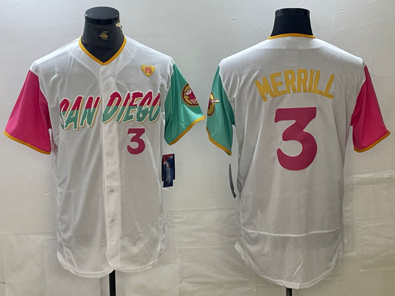 San Diego Padres #3 Jackson Merrill Number White Heart Patch 2024 City Connect Flex Base Stitched Baseball Jersey baseball jersey product view 1
