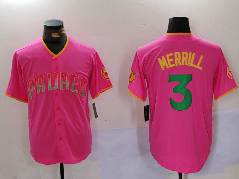 San Diego Padres #3 Jackson Merrill Pink Player Number Fashion Baseball Jersey baseball jersey product view 1