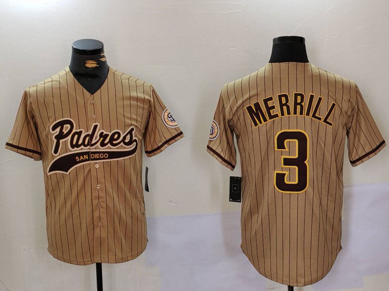 San Diego Padres #3 Jackson Merrill Tan 2023 Cool Base Stitched Baseball Jersey baseball jersey product view 1