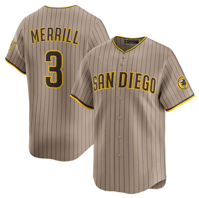 San Diego Padres #3 Jackson Merrill Tan 2024 Alternate Limited Stitched Baseball Jersey baseball jersey product view 1