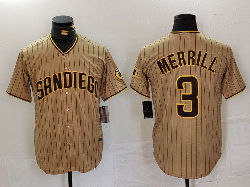 San Diego Padres #3 Jackson Merrill Tan NEW 2023 Cool Base Stitched Baseball Jersey baseball jersey product view 1