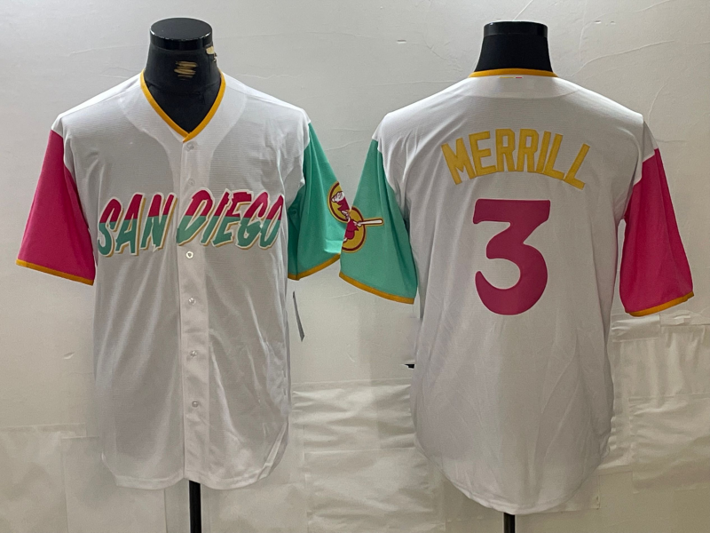 San Diego Padres #3 Jackson Merrill White 2023 City Connect Cool Base Stitched Baseball Jersey baseball jersey product view 1