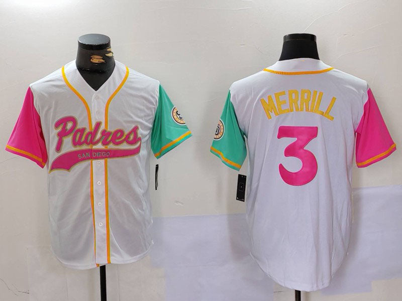 San Diego Padres #3 Jackson Merrill White NEW 2023 City Connect Cool Base Stitched Baseball Jersey baseball jersey product view 1