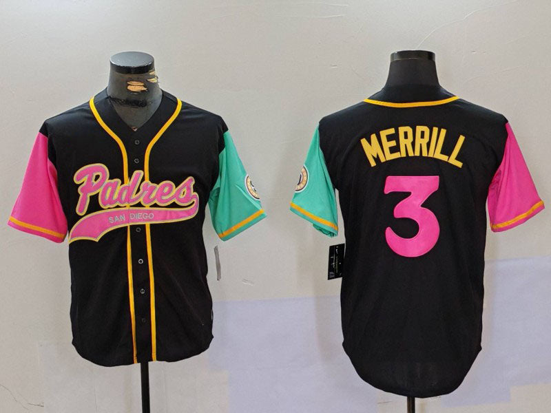San Diego Padres #3 Jackson Merrill Black NEW 2023 City Connect Cool Base Stitched Baseball Jersey baseball jersey product view 1