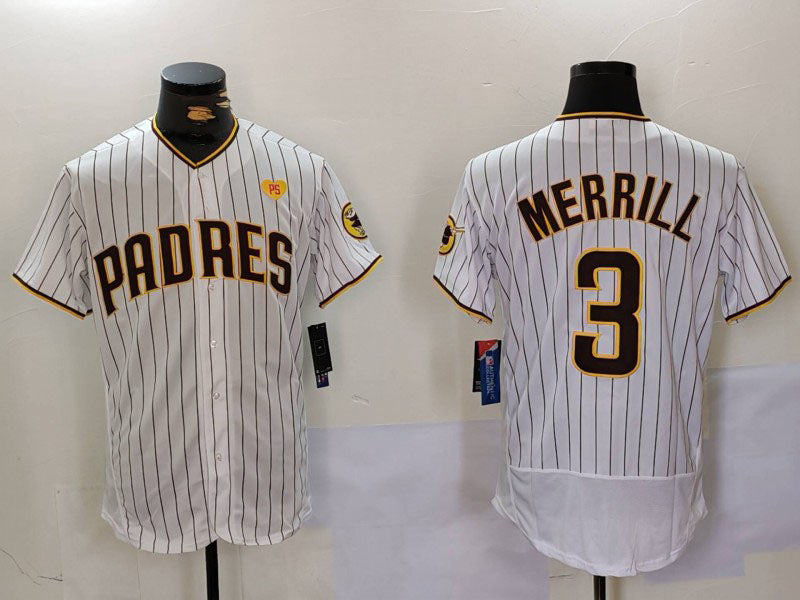 San Diego Padres #3 Jackson Merrill White With PS Patch Stitched Flex Base Baseball Jersey baseball jersey product view 1