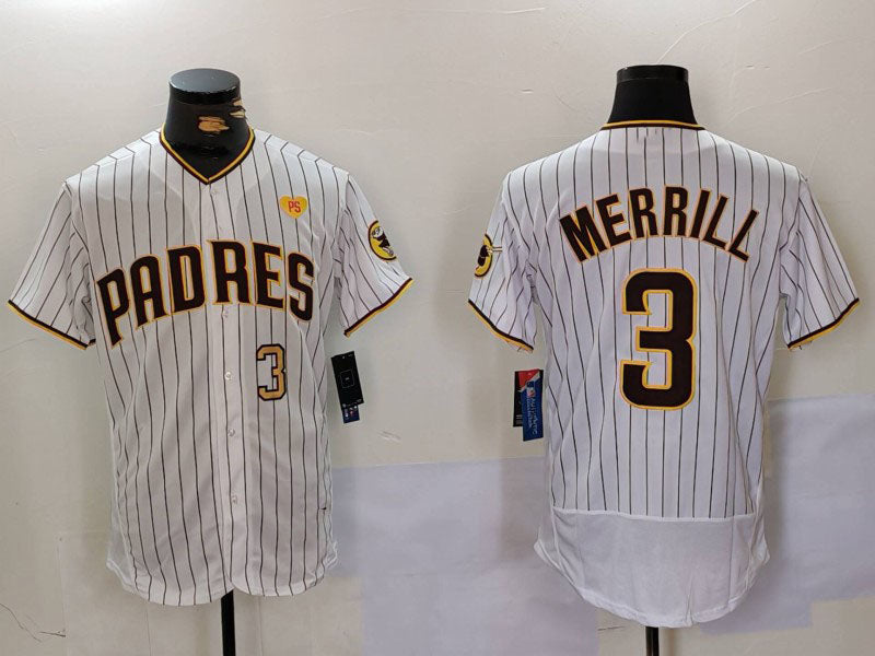 San Diego Padres #3 Jackson Merrill White With PS Patch Stitched Flex Base Baseball Jersey baseball jersey product view 1