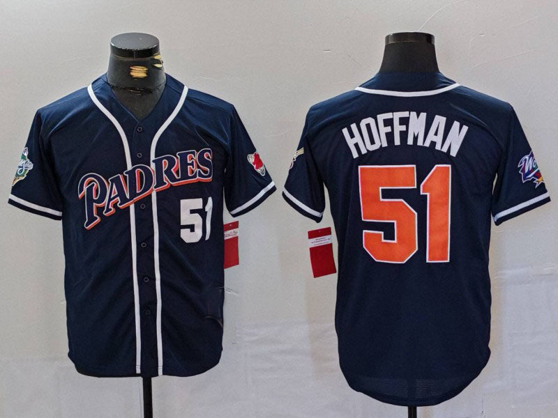 San Diego Padres #51 Trevor Hoffman Navy Player Number Cooperstown Cool Base Baseball Jerseys baseball jersey product view 1
