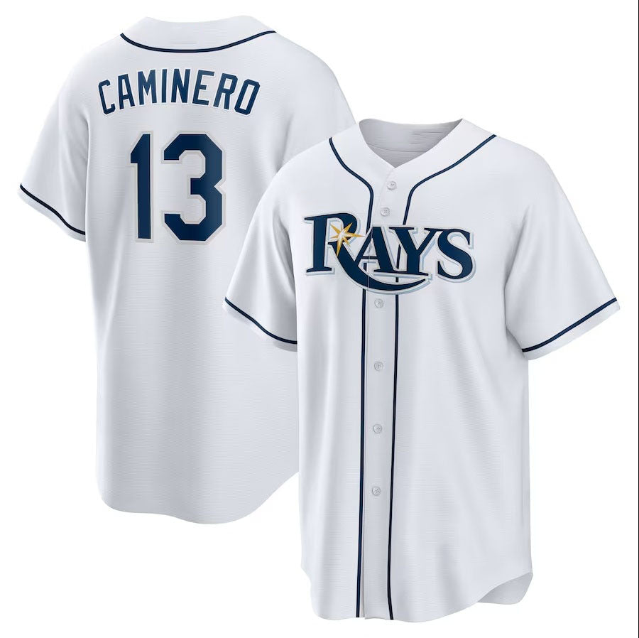 Tampa Bay Rays #13 Junior Caminero Home Replica Player Jersey - White Stitched Baseball Jersey baseball jersey product view 1