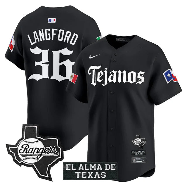 Wyatt Langford Texas Rangers Mexico Tejano Barrio Jersey - Black baseball jersey product view 1