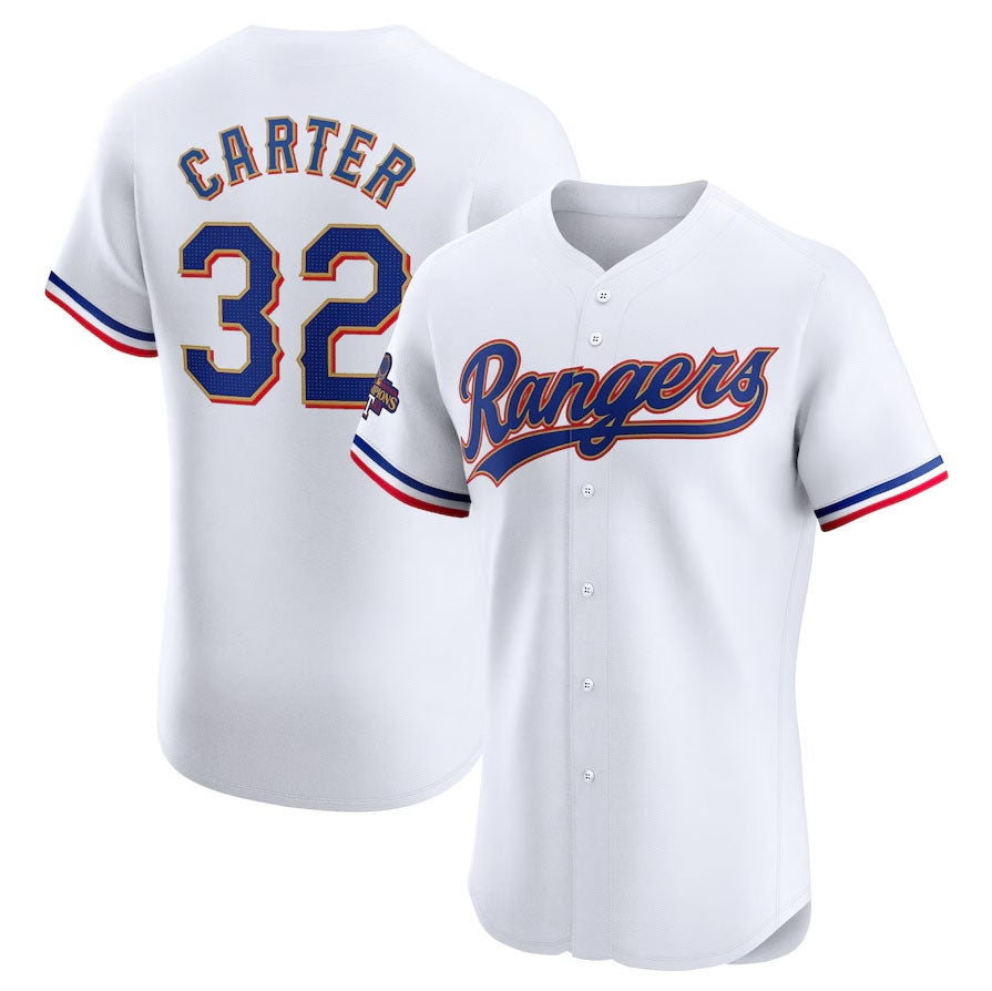 Texas Rangers #32 Evan Carter 2024 Gold Collection Elite Player Jersey ¨C White Baseball Jerseys baseball jersey product view 1