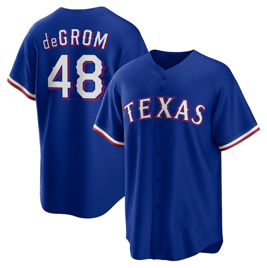 Texas Rangers #48 Jacob deGrom Away Replica Player Jersey - Royal Stitched Baseball Jersey baseball jersey product view 1