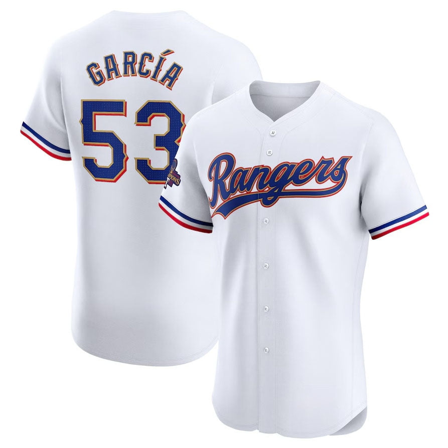 Texas Rangers #53 Adolis Garcia 2024 Gold Collection Elite Player Jersey ¨C White Baseball Jerseys baseball jersey product view 1