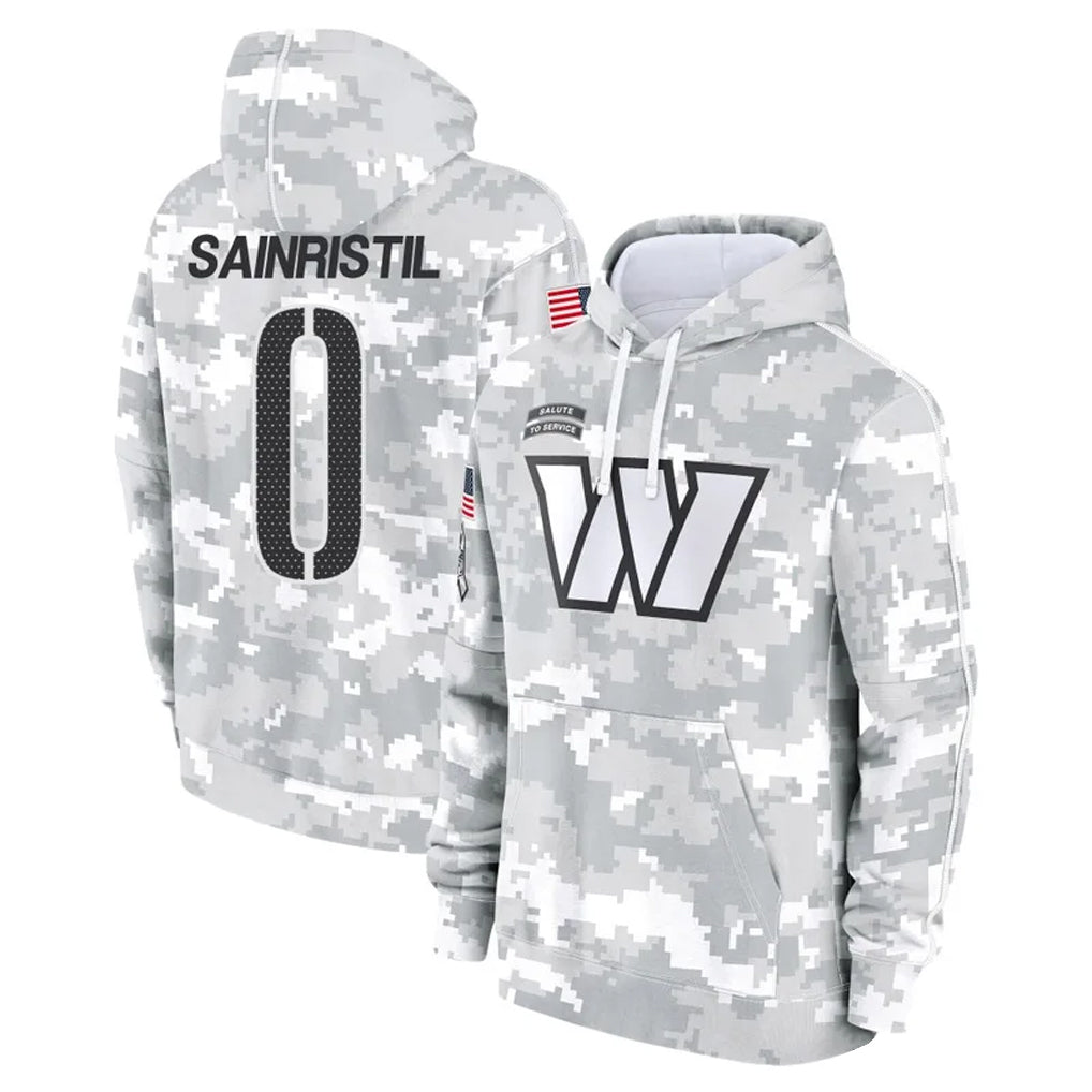 W.Commanders #0 Mike Sainristil Player Arctic Camo Salute to Service Hoodies Football Jerseys football jersey product view 1
