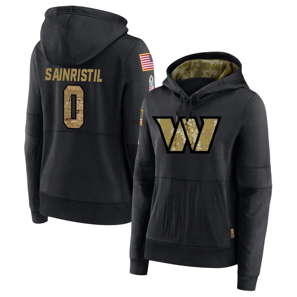 W.Commanders #0 Mike Sainristil Player Black Salute to Service Hoodies Football Jerseys football jersey product view 1
