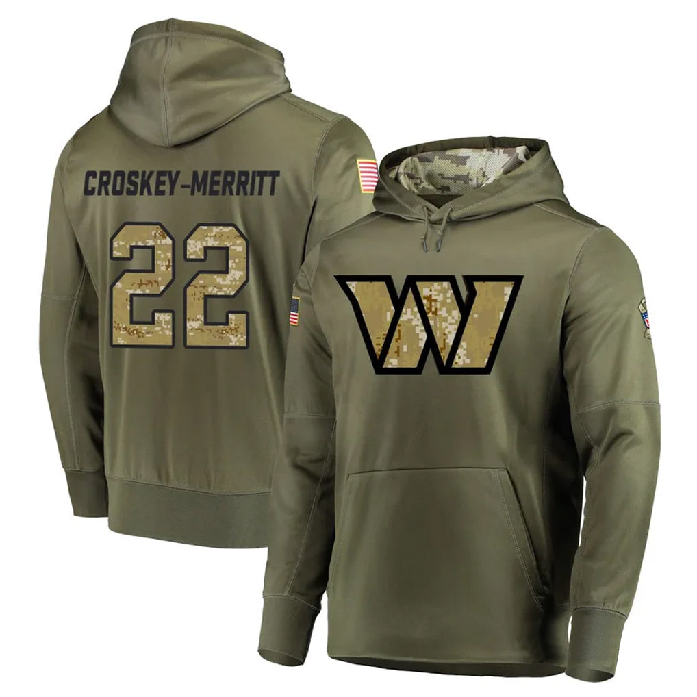 W.Commanders #22 Jacory Croskey-Merritt Player Olive Salute to Service Limited Hoodies Football Jerseys football jersey product view 1