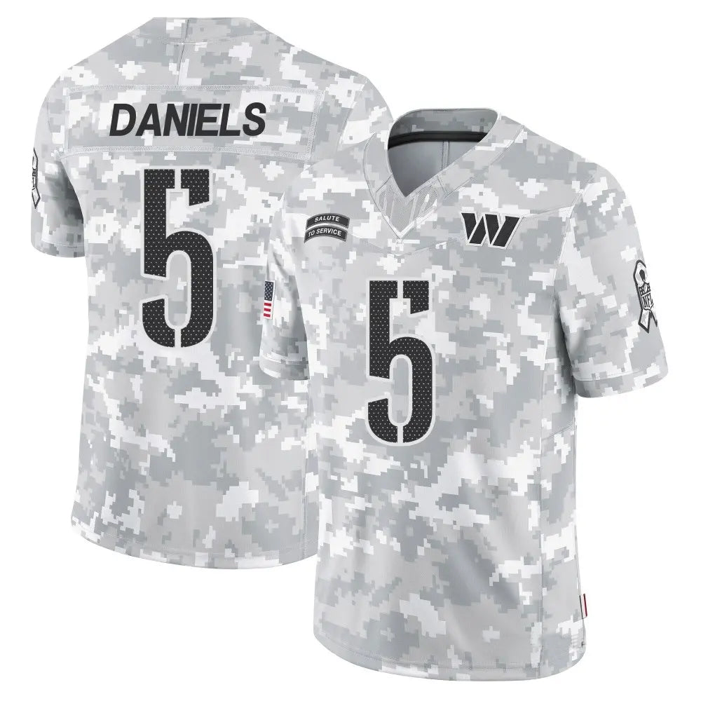W.Commanders #5 Jayden Daniels Player Limited Arctic Camo Salute to Service Football Jerseys football jersey product view 1