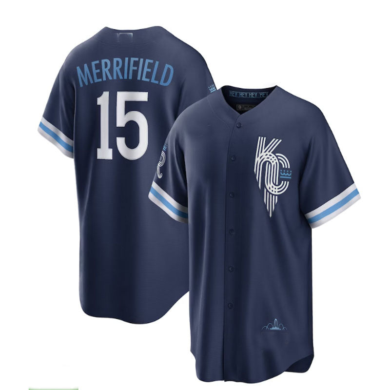 Kansas City Royals #15 Whit Merrifield 2022 City Connect Replica Player Jersey - Navy Baseball Jerseys baseball jersey product view 1