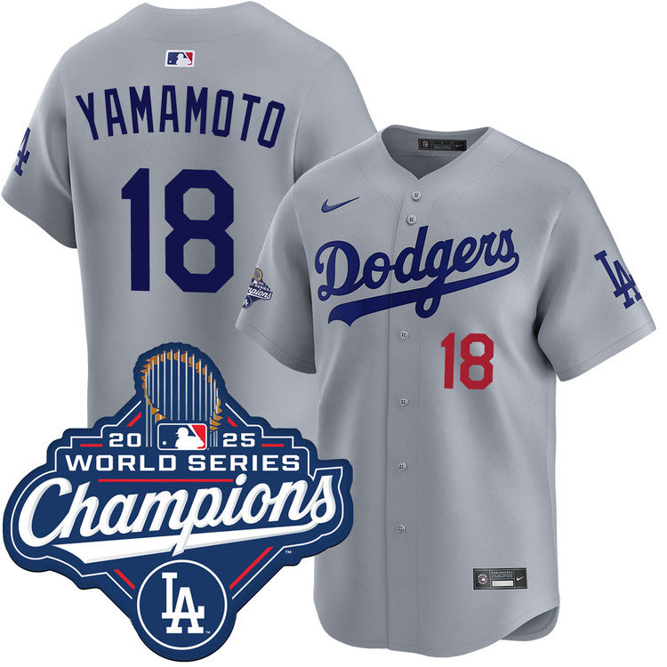 Yoshinobu Yamamoto Los Angeles Dodgers Alternate Road Limited 2025 World Series Champions Jersey - Gray baseball jersey product view 1