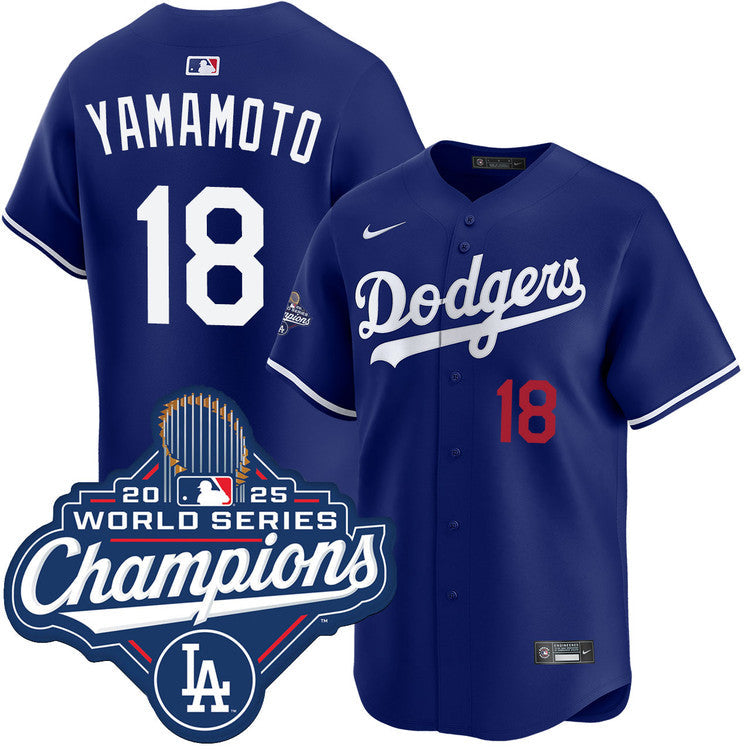 Yoshinobu Yamamoto Los Angeles Dodgers Alternate Limited 2025 World Series Champions Jersey - Royal baseball jersey product view 1