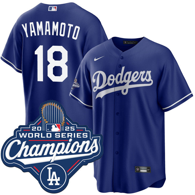 Yoshinobu Yamamoto Los Angeles Dodgers 2025 Alternate World Series Champions Jersey - Royal baseball jersey product view 1