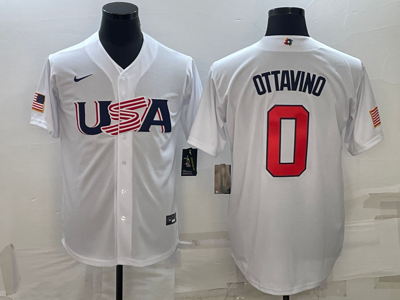 Men's 2023 World Baseball Classic #0 Adam Ottavino USA White Jersey1 baseball jersey product view 1