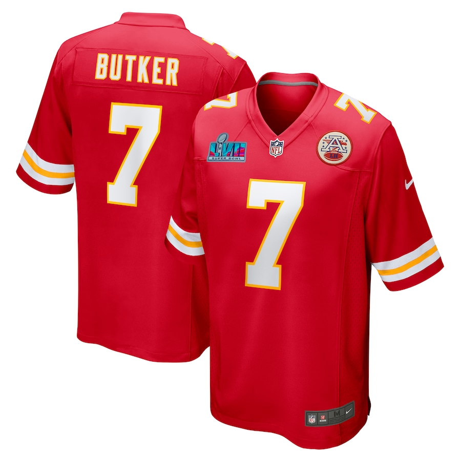 Men's Kansas City Chiefs Harrison Butker #7 Red Super Bowl LVII Patch Game Jersey1 football jersey product view 1