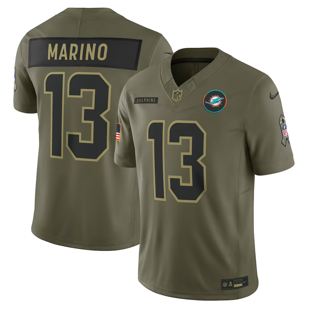 Men's Miami Dolphins Dan Marino Nike Olive 2025 Salute to Service Retired Limited Jersey football jersey product view 1