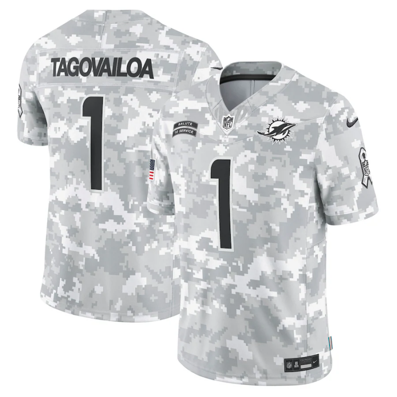 Men's Miami Dolphins Tua Tagovailoa #1 Arctic Camo 2024 Salute to Service Limited Jersey1 football jersey product view 1