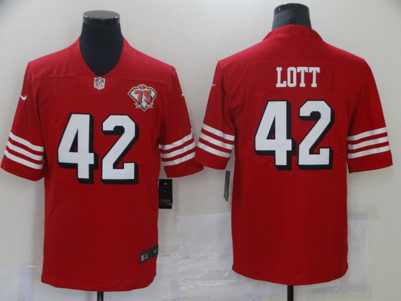 Men's San Francisco 49ers Ronnie Lott #42 Red 75th Anniversary Game Jersey1 football jersey product view 1