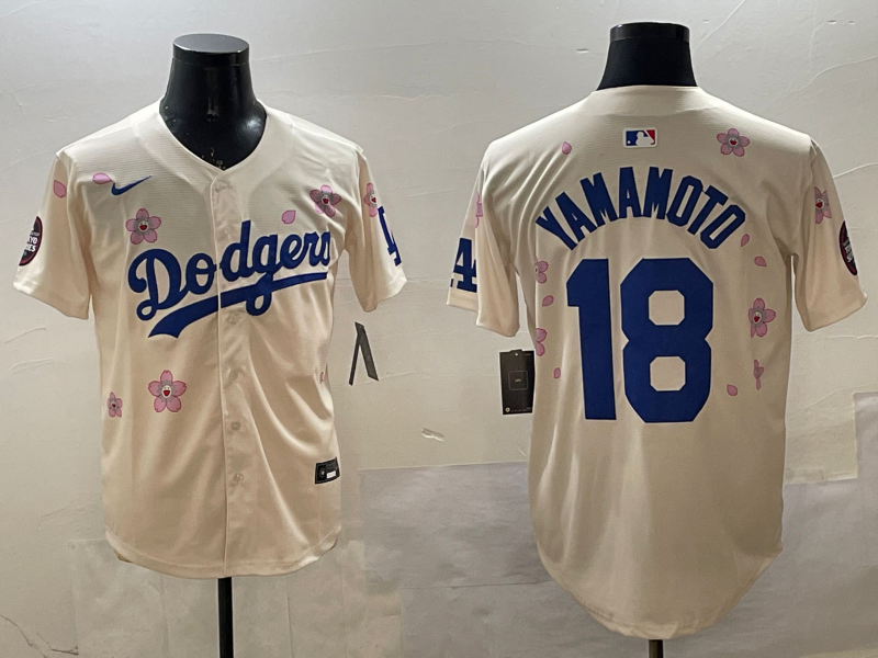 Men's Los Angeles Dodgers Yoshinobu Yamamoto #18 Cream Replica Player Jersey1 baseball jersey product view 1