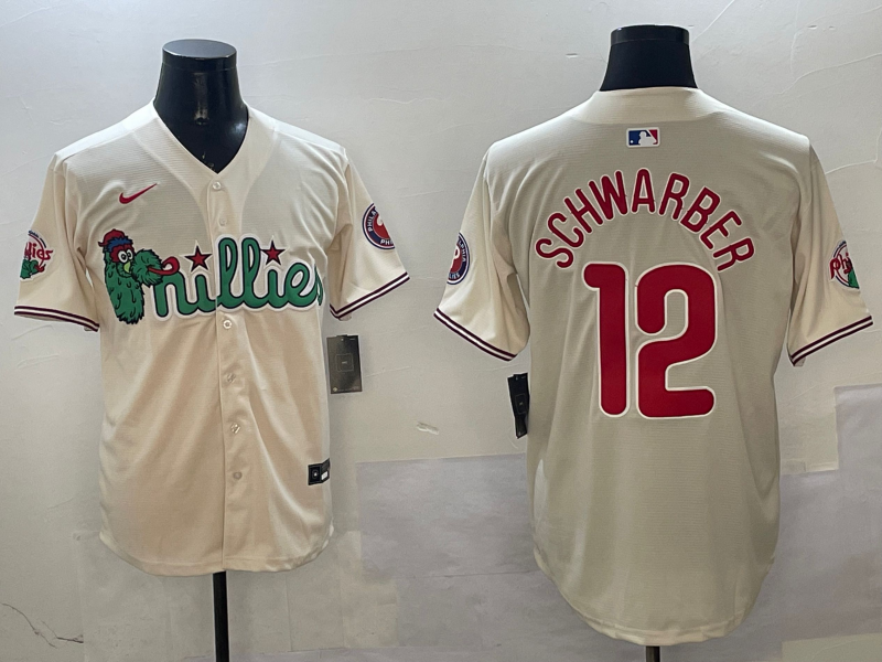 Men's Philadelphia Phillies Kyle Schwarber #12 Cream Replica Player Jersey1 baseball jersey product view 1