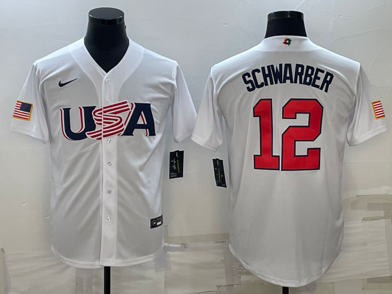 Men's 2023 World Baseball Classic #12 Kyle Schwarber USA White Jersey1 baseball jersey product view 1
