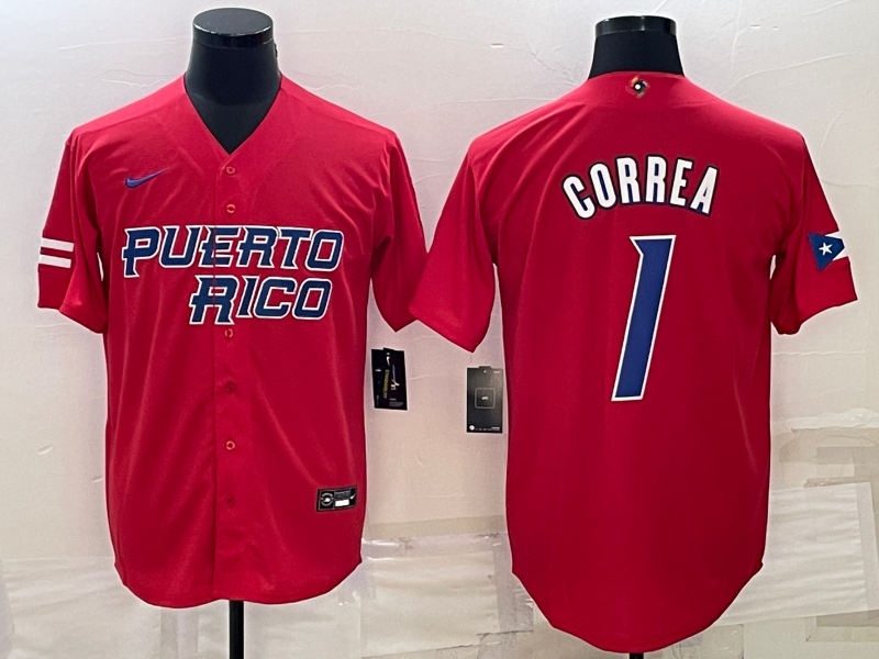 Men's 2023 World Baseball Classic #1 Carlos Correa Puerto Rico Red Jersey1 baseball jersey product view 1