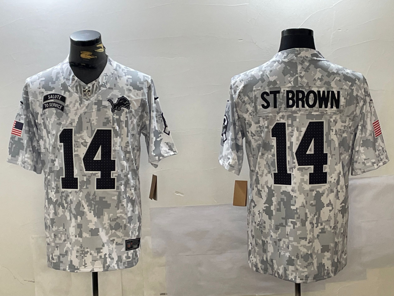 Men's Detroit Lions Amon-Ra St. Brown #14 Arctic Camo 2024 Salute to Service Limited Jersey1 football jersey product view 1