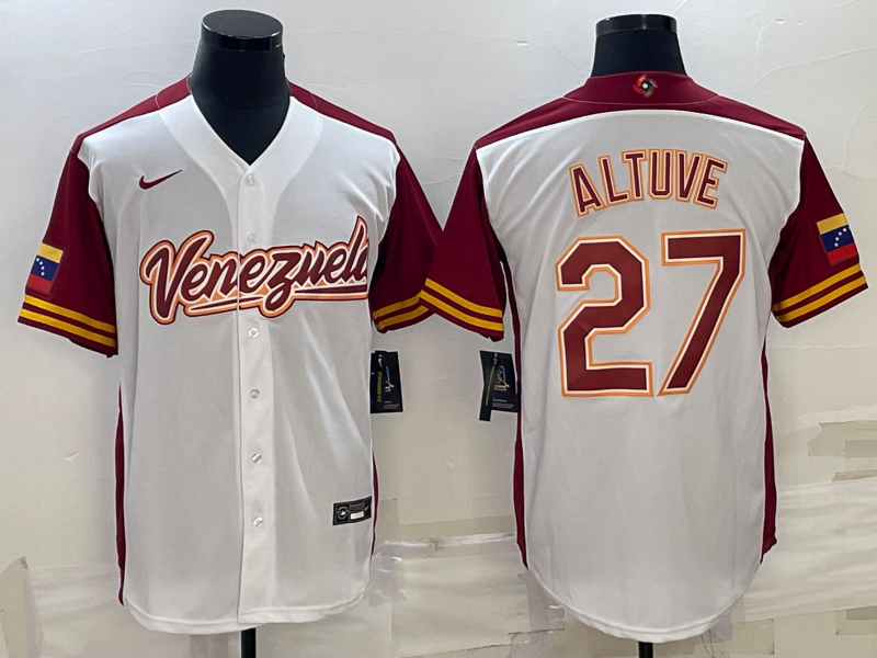 Men's 2023 World Baseball Classic #27 Jose Altuve Venezuela White Jersey1 baseball jersey product view 1
