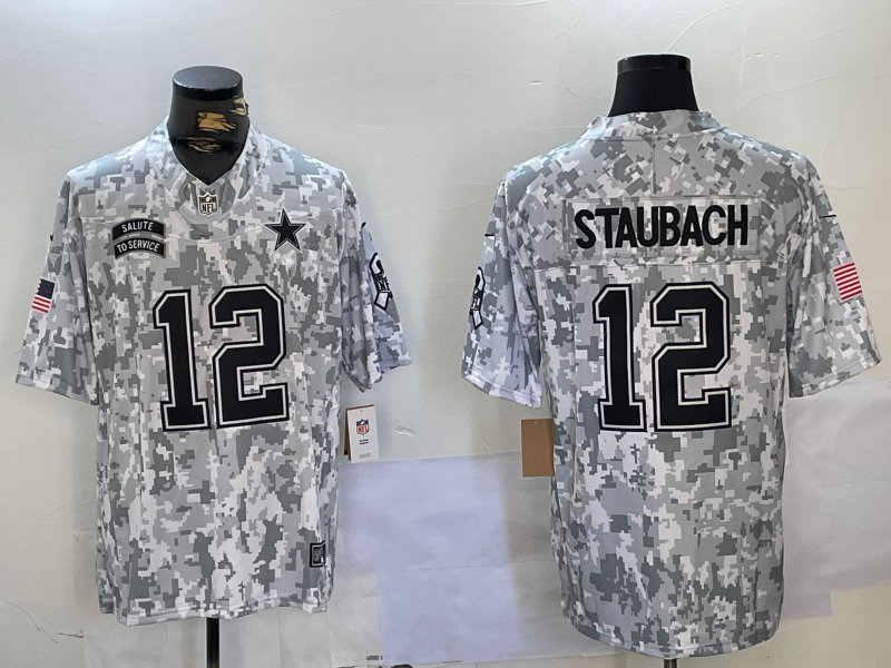 Men's Dallas Cowboys Roger Staubach #12 Arctic Camo 2024 Salute to Service Retired Player Limited Jersey1 football jersey product view 1