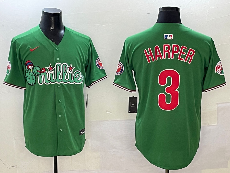 Men's Philadelphia Phillies Bryce Harper #3 Green Replica Team Jersey1 baseball jersey product view 1