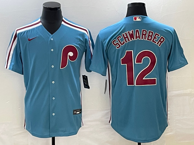 Men's Philadelphia Phillies Kyle Schwarber #12 Blue Replica Player Jersey1 baseball jersey product view 1