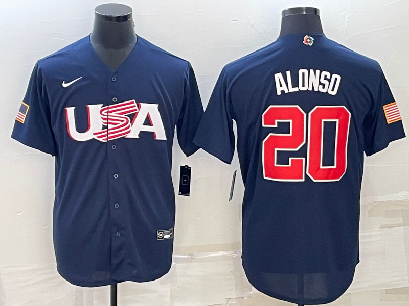 Men's 2023 World Baseball Classic #20 Pete Alonso USA Navy Jersey1 baseball jersey product view 1