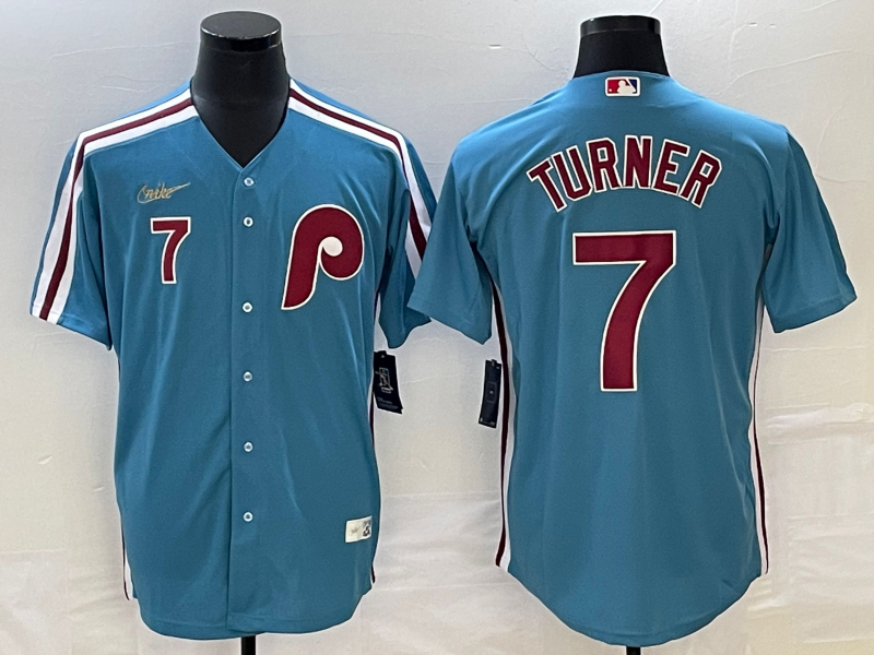 Men's Philadelphia Phillies Trea Turner #7 Blue Replica Team Jersey1 baseball jersey product view 1