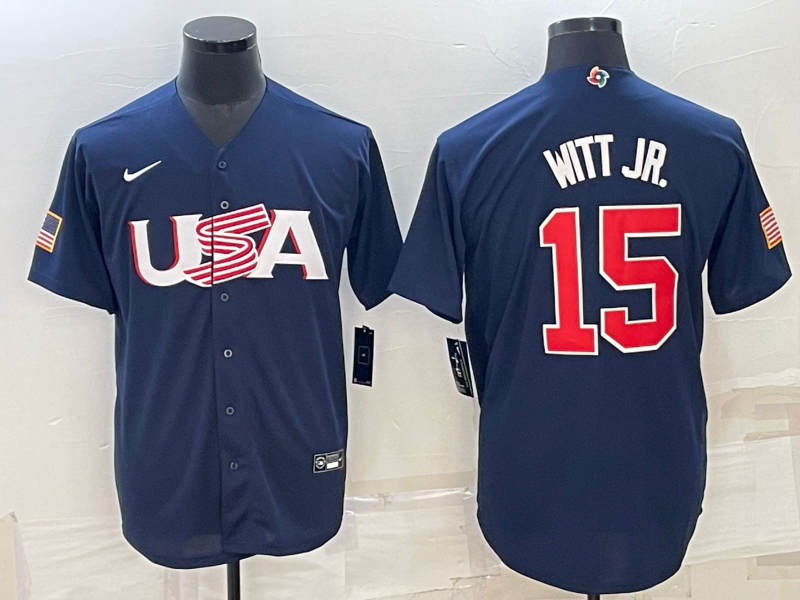 Men's 2023 World Baseball Classic #15 Bobby Witt Jr. USA Navy Jersey1 baseball jersey product view 1
