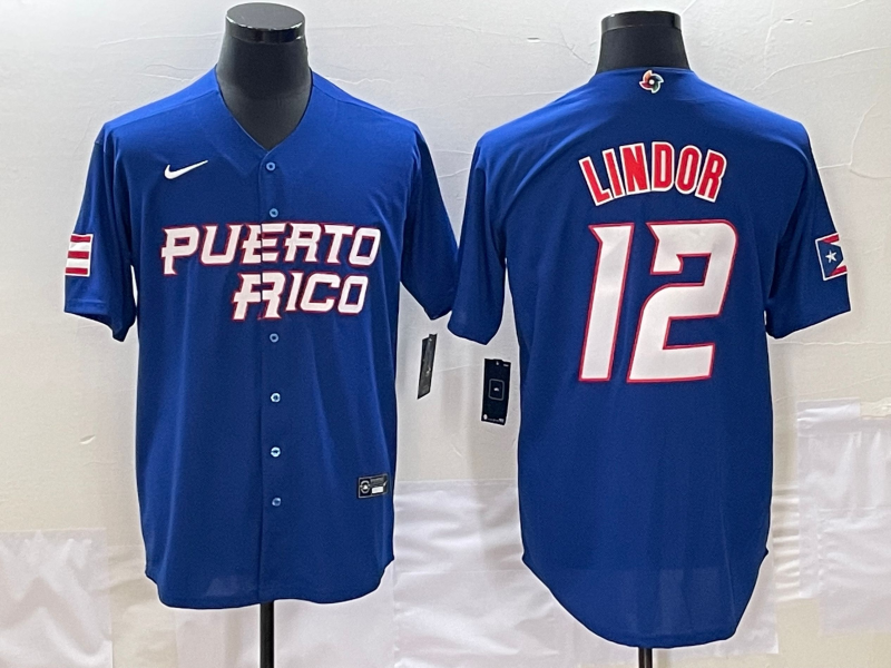 Men's 2023 World Baseball Classic #12 Francisco Lindor Puerto Rico Blue Jersey1 baseball jersey product view 1