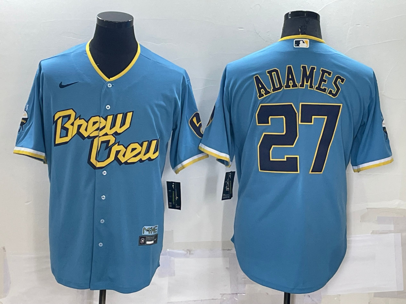Men's Milwaukee Brewers Willy Adames #27 Blue Stitched Jersey1 baseball jersey product view 1